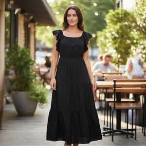 Pretty Garden Black Flutter Sleeve Tiered Maxi Dress - S